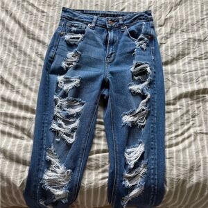 American Eagle Outfitters Women's Distressed Dark Blue Straight Leg Jeans